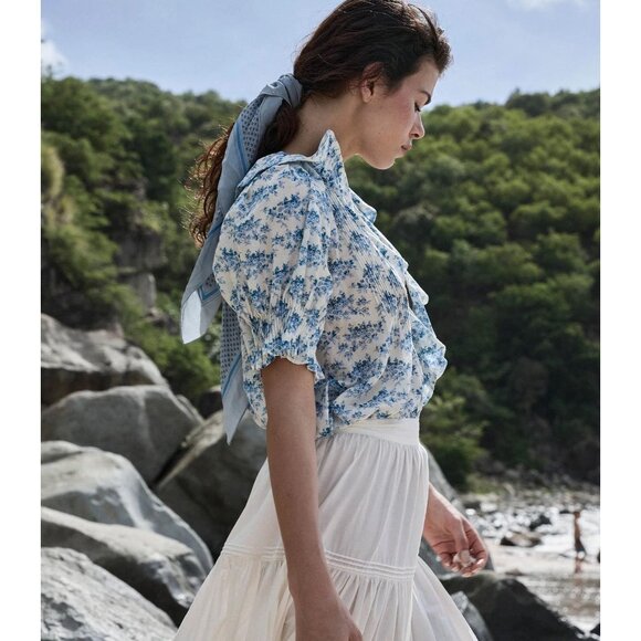 Doen Henri Ruffle Blouse S Blue Floral Cotton Top Feminine Cottagecore - Picture 2 of 11